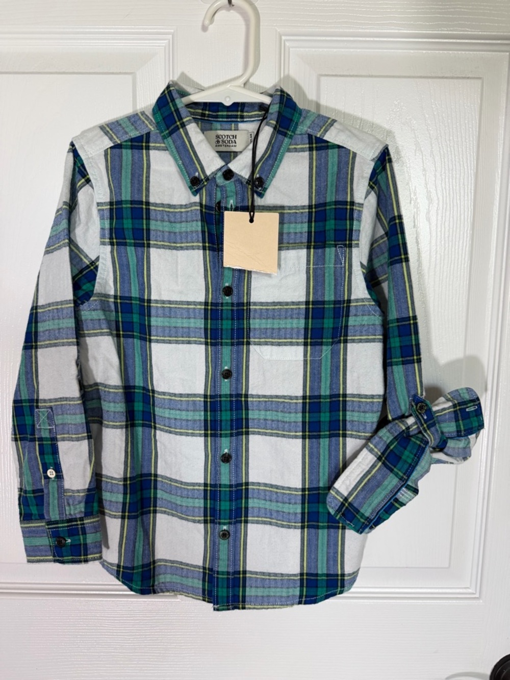Scotch & Soda Blue Green Plaid Shirt with Yellow Accents